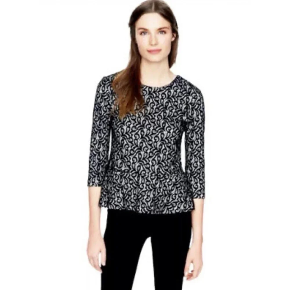 J Crew Lace Overlay Peplum Top Womens XS Black 3/4 Sleeve Dressy Formal Corpcore
